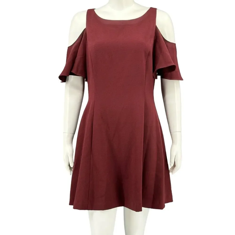 Eliza J‎ Dress Womens 12 Burgundy Flutter Sleeve Cold Shoulder Fit & Flare Party